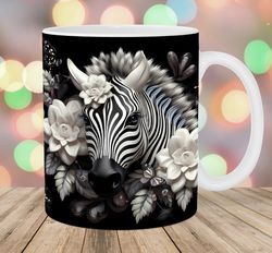 3D Zebra White Flowers Mug Wrap  11oz And 15oz Mug Template  Mug Sublimation Design  Mug Wrap Template