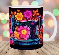 neon sewing machine mug wrap  11oz & 15oz mug template  mug sublimation design  flower mug wrap template
