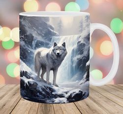 snow wolf mug wrap  11oz & 15oz mug template  winter mug sublimation design  waterfall mug wrap template