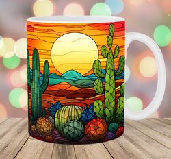 stained glass cactus mug wrap  11oz & 15oz mug template  mug sublimation design  sunset mug wrap template