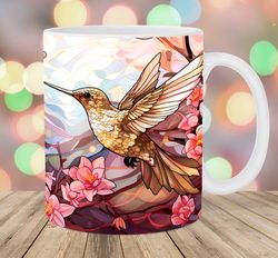 stained glass hummingbird mug wrap  11oz & 15oz mug template  mug sublimation design  flower mug wrap template