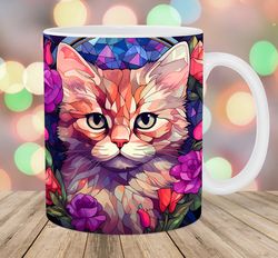 stained glass kitten mug wrap  11oz & 15oz mug template  mug sublimation design  flowers mug wrap template