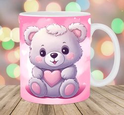 teddy bear mug wrap  11oz & 15oz mug template  pink heart mug sublimation design  mug wrap template