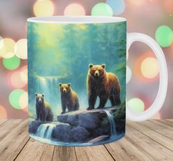 three bears mug wrap  11oz & 15oz mug template  mug sublimation design  waterfall landscape mug wrap template