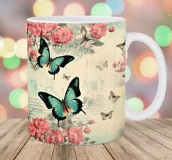 vintage butterflies flowers mug wrap  11oz and 15oz mug template  mug sublimation design  mug wrap template