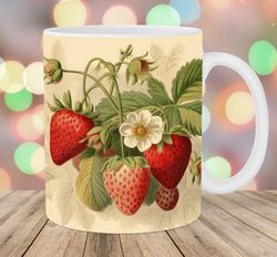 vintage strawberry mug wrap  11oz and 15oz mug template  mug sublimation design  botanical mug wrap template