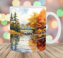 watercolor autumn landscape mug wrap  11oz and 15oz mug template  mug sublimation design  mug wrap template