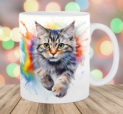 watercolor cat mug wrap  11oz & 15oz mug template  colorful mug sublimation design  kitten mug wrap template