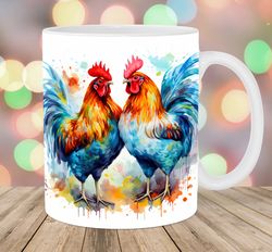 Watercolor Colorful Roosters Mug Wrap  11oz & 15oz Mug Template  Mug Sublimation Design  Mug Wrap Template