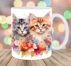 watercolor flower kittens mug wrap  11oz and 15oz mug template  mug sublimation design  mug wrap template