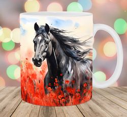 watercolor horse mug wrap  11oz & 15oz mug template  mug sublimation design  red flowers mug wrap template