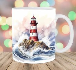 Watercolor Lighthouse Mug Wrap  11oz And 15oz Mug Template  Mug Sublimation Design  Mug Wrap Template