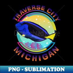 traverse city michigan fishing town regal blue tang marine aquarium fish  usa - instant png sublimation download - perfect for sublimation art