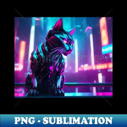 cyborg cat in the futuristic city landscape - professional sublimation digital download - defying the norms