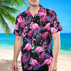 Flamingo Hawaii Beach Shirt, Flamingo Button Up Shirt Holiday, 69
