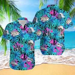 Tropical Spacecraft 3D Printed Tropical Shirts, Floral Spaceship Button Down Short Sleeve Summer Shirt, 189