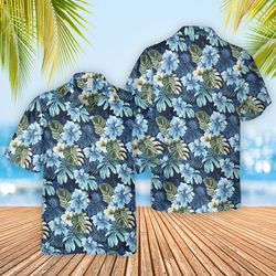 Blue Hibicus Summer Shirt, Summer Vacation Shirt, Beach Vi