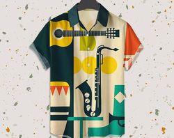 Guitar & Saxophone Print Trendy Tropical Shirt, Tropical Bea