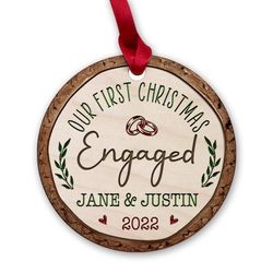 Personalized First Christmas Engaged Ornament Rustic Wood