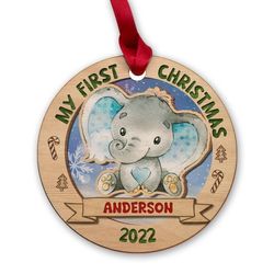 personalized wood baby ornament babys first christmas elephant