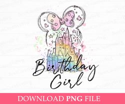 Watercolor Birthday Girl Png, Happy Birthday Png, Family Birthday Png, Watercolor Mouse Ear and Castle Png, Png File For