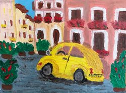 Yellow car oil painting on cardboard