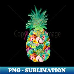 tropical pineapple exotic botanical illustration with floral tropical fruits yellow fruit pattern over a - instant png sublimation download - create with confidence