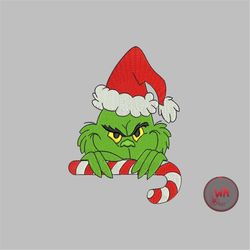 Grinch embroidery designs, Grinch with Candy stick machine embroidery, Grinch face embroidery files, Christmas machine e