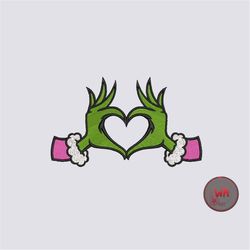 Pink Grinch heart hand embroidery design, grinch embroidery files, grinch heart hand embroidery machine files, Christmas