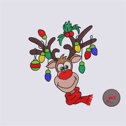 Reindeer Machine Embroidery Design, Christmas Reindeer Embroidery Files, Reindeer with Christmas Lights Embroidery Desig