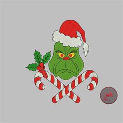 Grinch embroidery design, Angry Grinch with Candy Sticks machine embroidery design, Christmas machine embroidery files