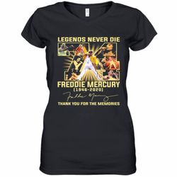 Legends Never Die 74 Freddie Mercury 1946 2020 Thank You For The Memories Signature Women&039s V-Neck T-Shirt