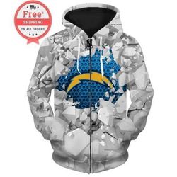 Los Angeles Chargers Unisex Sweatshirt Gray Zip Up Skull Hoodie Unisex 3D All Over Print