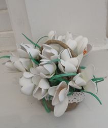 Handmade spring crocuses in linen basket/ floral arrangement/ Easter decor/ gift for her/ home decor/ mother day gifts