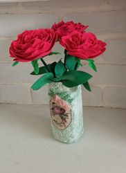 Handmade red roses in vase/artificial flowers/floral arrangements/bouquet red roses/ gift for her/home decor/grandmagift