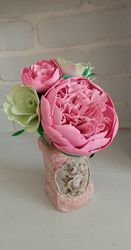 Artificial roses and eustomas in a vase/ handmade artificial flowers/ floral arrangements/ gifts for her/home decoration