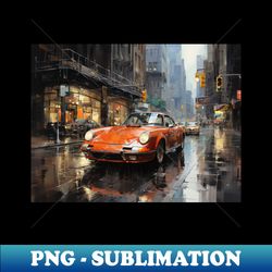 Rainy City Streets with Classic Red Sports Car Canvas Print - PNG Transparent Digital Download File for Sublimation - Perfect for Personalization