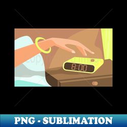 Girls hand pushing on alarm clock snooze button - Creative Sublimation PNG Download - Add a Festive Touch to Every Day