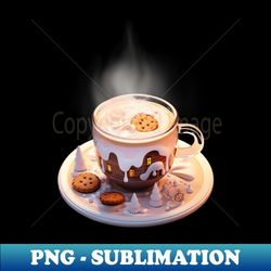 cappuccino cup winter wonderland with wooden cabin surreal style - special edition sublimation png file - bring your designs to life