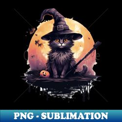 halloween cat wearing a witch hat - png transparent sublimation design - enhance your apparel with stunning detail