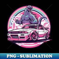 Japanese style car behind Dinosaur and rainbow JDM - Retro PNG Sublimation Digital Download - Unleash Your Creativity