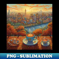 A cup of morning coffee overlooking the big city - PNG Sublimation Digital Download - Perfect for Sublimation Mastery