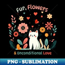Fur, Flowers and Unconditional Love Kawaii Kitty Cat with Flowers Cat lover - Elegant Sublimation PNG Download