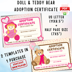 Doll & Bear Adoption Certificate Set Printable, Baby Doll Certificate, Teddy Bear Certificate, Adopt Handmade Soft Toy
