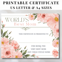 Worlds Best Mom Certificate with Pink Flowers, Printable Best Mom Award, Mothers Day Appreciation, Birthday Gift, PDF