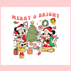 Vintage Merry And Bright Mickey And Minnie Christmas Tree PNG,Disney svg, Mickey mouse,Princess, Movie