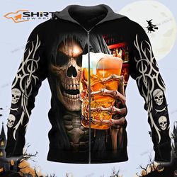 Skeleton Drinking Beer Skull 3D Zip Hoodie