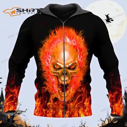 Orange Flame Skull 3D Zip Hoodie
