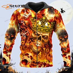 King Crown Fire Skull 3D Zip Hoodie