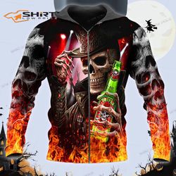 Punk Rock Heavy Metal Drinker Cowboy Fire Skull 3D Zip Hoodie
